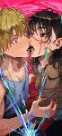  1boy 1girl absurdres blonde_hair blush brown_cardigan brown_hair cardigan chainsaw_man denji_(chainsaw_man) erupusai2 grey_tank_top hetero highres implied_handjob medium_hair red_eyes ringed_eyes scar scar_on_cheek scar_on_face short_hair sweat tank_top teeth yoru_(chainsaw_man) 