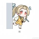  1girl absurdres afternoon_shine_(infinity_nikki) blonde_hair blush_stickers bright_pupils brown_eyes brown_footwear butterfly_net carrying_over_shoulder chibi chinese_commentary chinese_text closed_mouth commentary_request daisy expressionless eyelashes flower flower_brooch green_shirt hair_flower hair_ornament hairband hand_net highres holding holding_butterfly_net infinity_nikki kneehighs leg_up long_hair long_sleeves looking_at_viewer nikki_(nikki) nikki_(series) notice_lines overalls pocket puffy_long_sleeves puffy_sleeves ribbon ribbon_legwear shirt shoes simple_background socks solo tareme translation_request twintails very_long_hair weibo_watermark white_background white_flower white_pupils white_socks yellow_hairband yellow_overalls yellow_ribbon youxi_bangge 