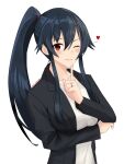  1girl arm_under_breasts black_hair black_jacket blazer breasts commentary_request heart highres index_finger_raised jacket kantai_collection klashikari long_hair medium_breasts one_eye_closed ponytail red_eyes shirt sidelocks simple_background smile solo upper_body white_background white_shirt yahagi_(kancolle) 
