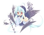  :d ahoge blue_hair crossover izumi_konata kanikama long_sleeves looking_at_viewer lucky_star mole mole_under_eye open_mouth pointing pointing_at_viewer red_eyes rozen_maiden simple_background smile solo suigintou white_background 