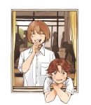  2boys :d ^_^ bandage_on_cheek border breast_pocket brown_eyes brown_hair classroom closed_eyes coincoinco collared_shirt crossed_wrists curtained_hair curtains from_outside fuji_shuusuke furrowed_brow hair_between_eyes kikumaru_eiji laughing leaning_out_of_window looking_at_viewer male_focus multiple_boys outside_border parted_bangs people pocket school_uniform shirt short_hair smile sweatdrop tennis_no_ouji-sama v-shaped_eyebrows white_border wide-eyed 