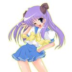  hiiragi_kagami long_hair lucky_star mikiharu one_eye_closed purple_hair ryouou_school_uniform school_uniform serafuku solo yellow_neckwear 