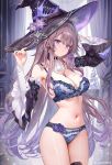  1girl artist_name bare_shoulders blue_bra blue_panties bra breasts brown_hair cleavage closed_mouth collarbone commentary_request cowboy_shot curtains flower gradient_hair hat hat_flower herta_(honkai:_star_rail) highres honkai:_star_rail honkai_(series) indoors jewelry key key_necklace large_breasts lingerie long_hair machi_(machi0910) multicolored_hair nail_polish navel necklace paid_reward_available panties purple_eyes purple_flower purple_nails purple_theme sidelocks solo stomach the_herta_(honkai:_star_rail) twitter_username underwear underwear_only vase very_long_hair witch_hat 