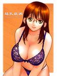  artist_request bra breast_squeeze breasts brown_hair cleavage copyright_request glasses huge_breasts lingerie panties solo underwear underwear_only yellow_eyes 