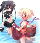  back black_hair blonde_hair blush bracelet choker crop_top flat_chest fur gloves hair_ribbon jewelry kazekawa_nagi kooh lola_(pangya) long_hair looking_back multiple_girls navel pangya pink_eyes ribbon sarashi short_hair skirt skirt_hold twintails wading water wet 