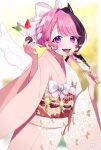  1girl amaki_pururu black_hair bow earrings hagoita hair_bow hands_up highres holding holding_paddle japanese_clothes jewelry kimono koe_01_03 light_blush looking_at_viewer multicolored_hair open_mouth paddle pearl_earrings pink_hair purple_eyes reject_(esports) solo teeth tongue tongue_out two-tone_hair virtual_youtuber white_bow white_wings wings 