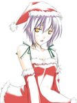  bangs christmas nagato_yuki purple_hair ribi santa_costume short_hair solo suzumiya_haruhi_no_yuuutsu yellow_eyes 