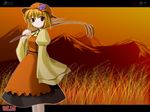  aki_minoriko blonde_hair dress female food fruit grapes grass hat highres minoriko_aki mountain scenery short_hair smile sunset touhou 