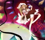  bare_legs blonde_hair crystal demon_wings dress flandre_scarlet frills hat looking_at_viewer mob_cap mugen_dai one_side_up puffy_short_sleeves puffy_sleeves rainbow_order red_dress red_eyes short_hair short_sleeves solo touhou wings 
