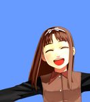  :d ^_^ angelica_(gunslinger_girl) blue_background brown_hair closed_eyes gunslinger_girl hair_ribbon hairband happy long_hair open_mouth outstretched_arms ribbon smile solo spread_arms yu_65026 