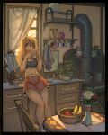  1girl ahoge banana basket black_sports_bra blonde_hair breasts cleavage commentary cooking_pot counter cup curtains day drawer drinking english_commentary flower food fruit highres holding holding_cup indoors istarling kitchen leaning_on_object long_hair navel original plant plate potted_plant purple_flower red_flower red_shorts shorts sink socks solo sports_bra sunlight table tablecloth vase white_flower white_trim window wood-burning_stove wooden_chair 