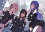  3girls black_hair black_jacket blonde_hair blue_hair cometik_(idolmaster) cometik_note_(idolmaster) commentary_request highres idol_clothes idolmaster idolmaster_shiny_colors ikaruga_luca ikuta_haruki jacket looking_at_viewer multicolored_hair multiple_girls pink_hair stage stage_lights streaked_hair suzuki_hana two-tone_hair wanimaru 