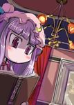  blue_ribbon blush book crescent crescent_hair_ornament dress hair_ornament hat indoors lamp long_hair mob_cap patchouli_knowledge purple_eyes purple_hair reading ribbon solo striped striped_dress tao_(kadoya) touhou vertical_stripes 