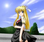  air blonde_hair blue_eyes cloud day hair_ribbon kamio_misuzu long_hair ponytail ribbon school_uniform sky solo sugimura_tomokazu sun 