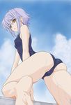  ass barefoot blue_hair feet foreshortening nagato_yuki okiyumi_kase one-piece_swimsuit short_hair solo suzumiya_haruhi_no_yuuutsu swimsuit 