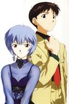  1girl absurdres ayanami_rei blue_hair brown_hair christmas earrings hasegawa_shin'ya highres holly_earrings ikari_shinji jewelry necktie neon_genesis_evangelion red_eyes short_hair 