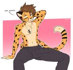 anthro athletic athletic_anthro athletic_male black_ears black_eyebrows black_markings black_nose black_spots bottomwear brown_hair bulge cheetah claws clenched_teeth clothed clothed_anthro clothed_male clothing countershade_fur countershade_torso countershading cute_fangs detailed_bulge dialogue dipstick_tail dog_tag_necklace dog_tags down_the_leg_bulge english_text erection erection_under_clothing eyebrow_through_hair eyebrows fangs felid feline finger_claws fingerless_(marking) fingers fur fur_markings genital_outline grey_bottomwear grey_clothing grey_pants hair hand_behind_head hi_res jewelry long_tail male male_anthro mammal markings morning_wood multicolored_body multicolored_fur navel necklace one_eye_closed pants penis_outline portrait pupils purple_eyes scar sharkcatsg short_hair simple_background sitting solo spots spotted_body spotted_fur spotted_markings spotted_tail tail tail_markings tan_body tan_claws tan_countershading tan_fingers tan_fur tan_inner_ear tan_markings tan_tail_tip teeth text three-quarter_portrait topless topless_anthro topless_male translucent translucent_hair waking_up yellow_body yellow_fur zachariah_(velocitycat)