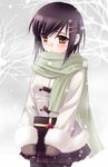  bangs blush brown_hair copyright_request cowboy_shot gift gloves holding holding_gift incoming_gift outdoors pantyhose plaid plaid_skirt sad_girl_in_snow saeki_hokuto scarf skirt snowing solo valentine yellow_eyes 