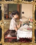  1boy backlighting belt black_hair brown_eyes brown_pants chabudai_(table) coincoinco collared_shirt cup cushion diagonal-striped_clothes diagonal-striped_necktie display_case flower fusuma hanging_scroll highres holding holding_cup ichimatsu_doll looking_at_viewer male_focus mizuki_hajime necktie pants parted_lips placemat red_necktie rug saucer school_uniform scroll seiza shirt shirt_tucked_in short_hair sitting sliding_doors socks solo striped_clothes table tablecloth tatami teacup tennis_no_ouji-sama v-shaped_eyebrows vase wavy_hair white_socks zabuton 