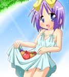  apple dress food fruit grapes hair_ribbon hiiragi_tsukasa lucky_star minami_(colorful_palette) orange purple_hair ribbon short_hair solo strawberry sundress 