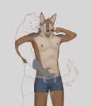 alexyz_kun anthro arches_(game) bear belly_overhang belly_pinch belly_play blue_boxer_briefs blue_clothing blue_underwear boxer_briefs boxer_briefs_only brown_bear brush bulge cameron_wilson canid canine canis chest_tuft chubby_face clothed clothing collarbone coyote cuddling devon_ortega duo echo_(series) echo_project eyebrows eyes_closed fur grey_body grey_fur head_tuft hi_res looking_down looking_down_at_stomach male male/male mammal multicolored_body multicolored_fur neck_tuft nipples romantic romantic_couple shirtless shirtless_anthro shirtless_male slightly_chubby tail tan_body tan_fur toothbrush topless tuft underwear underwear_only unfinished ursine weight_difference