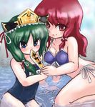  alternate_hairstyle asymmetrical_hair bikini blue_eyes blush front-tie_top green_hair hair_down homura_subaru lowres multiple_girls name_tag one-piece_swimsuit onozuka_komachi red_eyes red_hair rod_of_remorse school_swimsuit shiki_eiki side-tie_bikini smile swimsuit touhou 