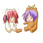  animal animal_costume bear_costume bear_tsukasa bear_yutaka blush capybara-san chibi hiiragi_tsukasa kobayakawa_yutaka lowres lucky_star minami_(colorful_palette) multiple_girls o_o purple_hair red_hair short_hair simple_background sitting 