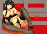  black_hair bra breasts feet hairband highres kimi_ga_aruji_de_shitsuji_ga_ore_de kuonji_shinra kure_masahiro large_breasts lingerie long_hair nipples panties partially_visible_vulva red_eyes side-tie_panties solo thighhighs toes underwear underwear_only 