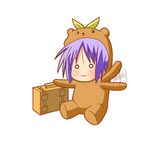  :3 animal_costume bear_costume bear_tsukasa blush capybara-san chibi hiiragi_tsukasa lowres lucky_star minami_(colorful_palette) o_o purple_hair short_hair simple_background sitting solo suitcase 