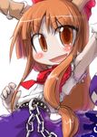  armpits belt blush bow chain hair_bow horns ibuki_suika looking_at_viewer open_mouth orange_eyes orange_hair outstretched_arm purple_skirt red_bow simple_background skirt solo tao_(kadoya) touhou white_background wrist_cuffs 
