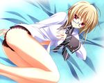  bed_sheet black_panties blonde_hair expressionless eyebrows_visible_through_hair glasses innocent_blue kinmedai_pink long_sleeves lying no_pants official_art on_side panties pantyshot pantyshot_(lying) partially_unbuttoned red_eyes sakuragi_kanae semi-rimless_eyewear short_hair sleeve_cuffs solo striped striped_neckwear under-rim_eyewear underwear 