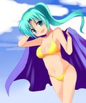  aqua_eyes aqua_hair bikini blush breasts covered_nipples higurashi_no_naku_koro_ni long_hair medium_breasts navel open_mouth solo sonozaki_mion striped striped_bikini subaru_(yachika) swimsuit yellow_bikini 