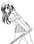  bamboo_blade greyscale jun_(aoerm) kuwahara_sayako leaning_forward monochrome shinai sleeves_rolled_up solo sword weapon 