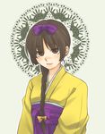  bangs beige_background blunt_bangs blush brown_eyes brown_hair closed_mouth expressionless hakama japanese_clothes kimono lips looking_at_viewer maria-sama_ga_miteru purple_hakama sash shimazu_yoshino simple_background solo upper_body 