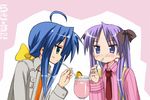  animated animated_gif blue_eyes blue_hair blush casual green_eyes hiiragi_kagami izumi_konata kiriya_haruhito long_hair lucky_star multiple_girls purple_hair shared_food twintails yuri 