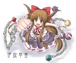  bow brown_eyes brown_hair chain clenched_hand fang from_above gourd hair_bow horns ibuki_suika iseki_mitsuharu long_hair looking_at_viewer open_mouth red_bow red_ribbon ribbon simple_background skirt sleeveless smile solo touhou white_background wrist_cuffs 