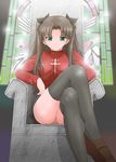  artist_request black_legwear brown_hair chair crossed_legs fate/stay_night fate_(series) green_eyes long_hair long_legs looking_at_viewer panties sitting solo stained_glass thighhighs throne toosaka_rin two_side_up underwear upskirt window 
