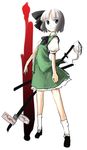  eyebrows_visible_through_hair full_body ghost hair_ribbon katana konpaku_youmu ribbon scabbard sheath sheathed short_hair short_sleeves silver_hair skirt skirt_set smile solo standing sword touhou vest weapon yakepu 