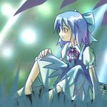  blue_bow blue_dress blue_hair bow cirno dress feet frills glowing grass hand_on_own_knee kazuhane leaf profile red_bow sitting solo touhou 