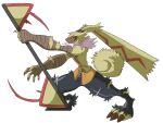 4:3 absurd_res anthro bandai_namco bottomwear claws clothed clothing curled_tail digimon digimon_(species) floppy_ears fur hi_res lagomorph leporid long_ears male mammal pants ponytail_ears portugueselynx rabbit red_eyes scar solo symbareangoramon tail topless topless_anthro torn_clothing yellow_body yellow_fur