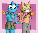 2025 4_fingers absurd_res anthro areola artist_name big_areola big_breasts big_eyes big_iris big_mouth_(anatomy) biped black_eyebrows black_eyes black_markings black_text blue_body blue_breasts blue_ears blue_fur blue_tail bottomwear breast_size_difference breasts brown_areola brown_bottomwear brown_clothing brown_nipples brown_skirt cartoon_network cheek_tuft clothed clothing clothing_lift crossover curved_eyebrows dark_areola dark_nipples digital_drawing_(artwork) digital_media_(artwork) domestic_cat duo emanata english_text erect_nipples eyebrows eyelashes facial_markings facial_tuft fangs felid feline felis female fingers flash_emanata flashing flashing_breasts floating_eyebrows fran_(litterbox_comics) front_view fur fur_tuft geometric_background glistening glistening_body glistening_bottomwear glistening_clothing glistening_fur glistening_legs glistening_pants green_eyes green_sclera grey_bottomwear grey_clothing grey_pants grin head_markings hi_res humanoid_hands inspector_lewd iris legs_together light_areola light_body light_breasts light_ears light_fur light_nipples light_nose light_stripes light_tail light_tongue litterbox_comics long_eyelashes looking_at_another mammal markings mature_anthro mature_female monotone_tail navel nicole_watterson nipples no_bra no_pupils number open_mouth orange_body orange_breasts orange_ears orange_fur orange_stripes orange_tail pants partially_clothed partially_clothed_anthro partially_clothed_female pink_areola pink_nipples pink_nose pink_tongue pleated_skirt pointy_ears portrait prick_ears purple_clothing purple_shirt purple_t-shirt purple_topwear round_eyes shirt shirt_lift simple_background skirt smile smiling_at_another standing straight_legs striped_arms striped_body striped_face striped_fur striped_markings striped_tail stripes t-shirt t-shirt_lift tabby_cat tail tail_markings teeth text the_amazing_world_of_gumball thick_thighs three-quarter_portrait tongue topwear tuft whisker_markings white_clothing white_shirt white_topwear wide_hipped_anthro wide_hipped_female wide_hips