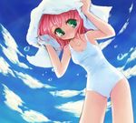  cloud copyright_request day green_eyes mimukamu one-piece_swimsuit red_hair sky solo swimsuit towel towel_on_head 