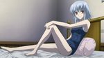  barefoot bed blue_hair morimiya_aono non-web_source on_bed one-piece_swimsuit pillow red_eyes school_swimsuit screencap sitting sola solo swimsuit 