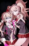  2girls :d bear_hair_ornament black_shirt blood blush bow cosplay cowboy_shot danganronpa:_trigger_happy_havoc danganronpa_(series) enoshima_junko enoshima_junko_(cosplay) facing_viewer from_side fuku_sa grin hair_ornament highres ikusaba_mukuro long_hair looking_at_viewer miniskirt multiple_girls nail_polish necktie pink_blood rabbit_hair_ornament red_bow red_nails red_skirt shirt siblings sisters skirt smile sweat teeth v 
