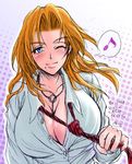  ;) between_breasts bleach blue_eyes blush breasts chain cleavage closed_mouth collared_shirt dress_shirt eighth_note halftone halftone_background huge_breasts humming jewelry light_smile lips long_hair long_sleeves looking_at_viewer loose_necktie matsumoto_rangiku mole mole_under_mouth musical_note necklace necktie one_eye_closed orange_hair outline school_uniform shirt sketch smile solo speech_bubble spoken_musical_note striped translation_request upper_body white_shirt youshuu 