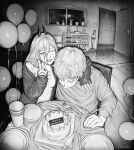  1boy 2girls absurdres balloon birthday_cake black_necktie blowing_candle blush cake candle chainsaw_man cup demon_horns denji_(chainsaw_man) disposable_cup dress_shirt food fork greyscale hand_on_another&#039;s_neck highres horns horror_(theme) jacket knife lipstick long_hair looking_at_viewer looking_down looking_through_window makeup makima_(chainsaw_man) marvin_(omarvin) monochrome multiple_girls necktie one_eye_closed open_door open_mouth plant plate power_(chainsaw_man) sharp_teeth shirt shoes smile teeth umbrella v vase window 