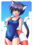  animal_ears blue_eyes blue_hair cat_ears copyright_request innertube one-piece_swimsuit saeki_hokuto school_swimsuit short_hair solo swimsuit tail 