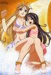  2girls 90s :d aa_megami-sama absurdres ahoge anklet antenna_hair ass bangs barefoot belldandy bikini black_hair blonde_hair blue_eyes bracelet breasts brown_eyes brown_hair cleavage clenched_hand earrings facial_mark feet forehead_mark front-tie_top hair_between_eyes hair_over_breasts happy highres hug jewelry kneeling legs long_hair looking_at_viewer looking_back megami multiple_girls nail_polish official_art open_mouth pink_bikini pink_nails profile ring scan shimizu_yuusuke side-tie_bikini sitting skuld smile splashing swimsuit tankini toenail_polish toes very_long_hair water wavy_hair white_bikini white_swimsuit wristband 