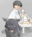  1boy bell black_cat black_eyes black_hair can cat cat_food chopsticks collar darker_than_black denim earring earrings eating food hei jeans jewelry leaning male male_focus mao mao_(darker_than_black) pants purple_eyes shirt sitting solo table tears white_shirt 