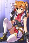  bleeding blood blood_on_face cross_mirage g-tetsu gun highres injury lyrical_nanoha mahou_shoujo_lyrical_nanoha_strikers panties solo teana_lanster thighhighs underwear weapon 